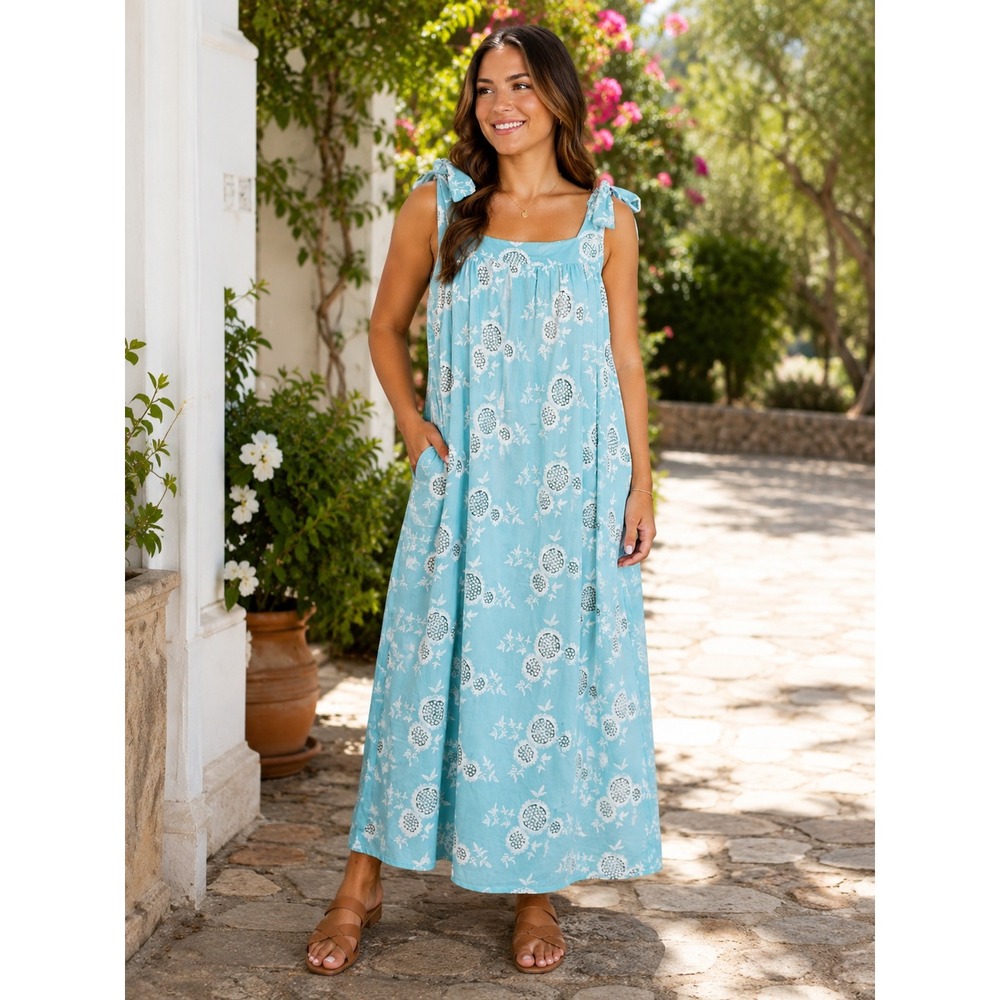 326 Lovelo Embroidered Cotton Tie Shoulder Midi Dress (Large, Blue/White, EUC)